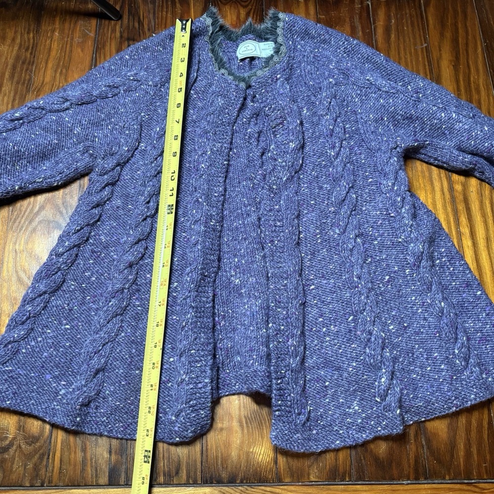 Muir & Osborne Handmade Pure Wool Purple Floral Cable Knit Open Sweater Vtg - Picture 9 of 10